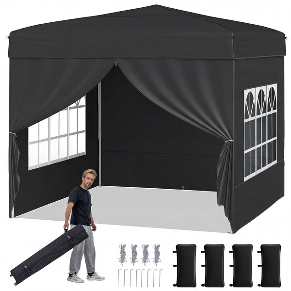 Costway Gazebo da giardino pieghevole con 4 pannelli laterali altezza regolabile borsa da trasporto, Gazebo da esterno impermeabile Nero