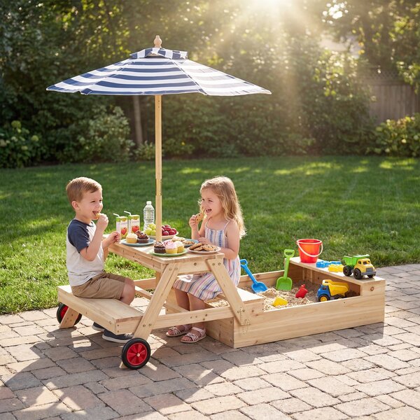 Costway 3 in 1 Sabbiera in legno con panche ombrellone rimovibile e regolabile e ruote, Tavolo da picnic per bambini trasformabile