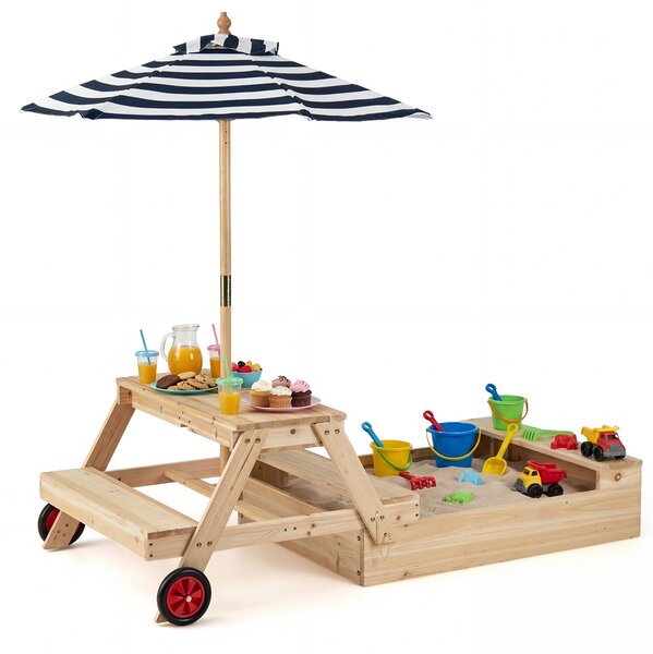 Costway 3 in 1 Sabbiera in legno con panche ombrellone rimovibile e regolabile e ruote, Tavolo da picnic per bambini trasformabile