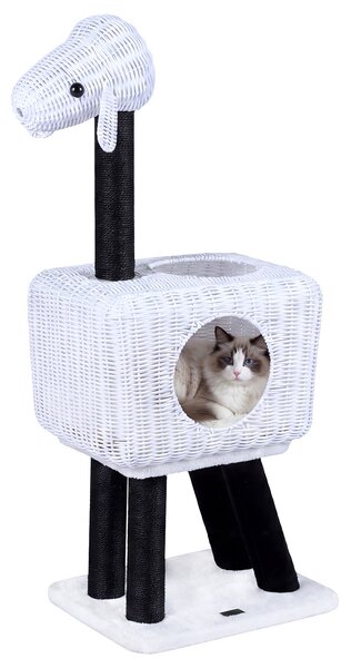 Costway Albero tiragraffi per gatti con grotta 5 pali tiragraffi in sisal cuscino morbido e pompon, Cuccia per gatti da interno a forma di pecora