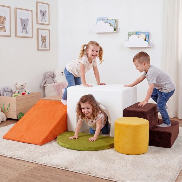 Costway Set di blocchi in schiuma per bambini 3+ anni con arrampicata scivolo e scala, Costruzini morbide a 6 pezzi Bianco