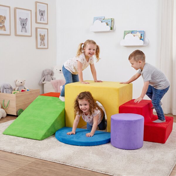 Costway Set di blocchi in schiuma per bambini 3+ anni con arrampicata scivolo e scala, Costruzini morbide a 6 pezzi Rosso