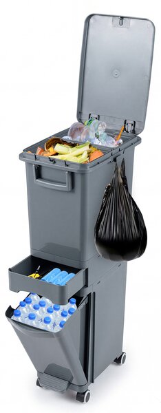 Costway Bidone di spazzatura con cestino inclinato con 2 scomparti superiori, Pattumiera con pedale in plastica per cucina Grigio