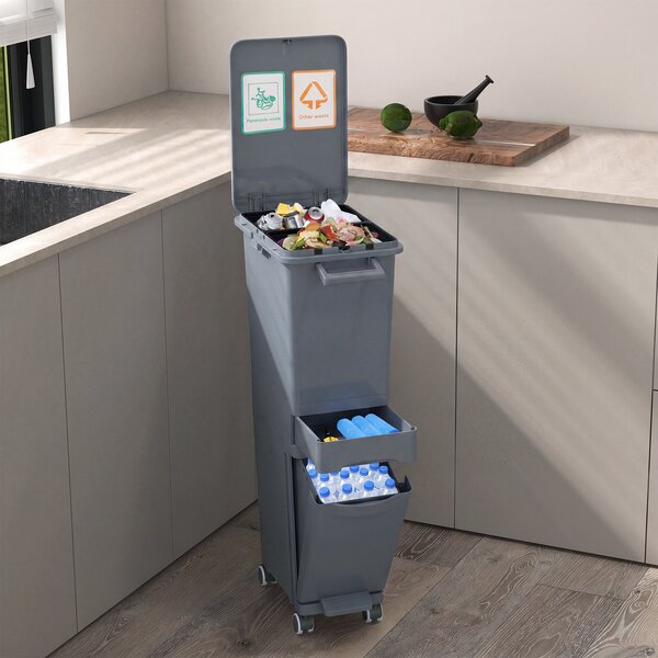 Costway Bidone di spazzatura con cestino inclinato con 2 scomparti superiori, Pattumiera con pedale in plastica per cucina Grigio