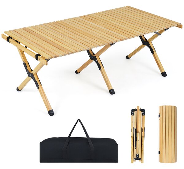 Costway Tavolo da picnic pieghevole e portatile a 4-6 posti, Tavolo da campeggio in legno massello con piano arrotolabile Naturale