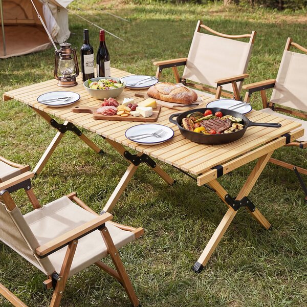 Costway Tavolo da picnic pieghevole e portatile a 4-6 posti, Tavolo da campeggio in legno massello con piano arrotolabile Naturale