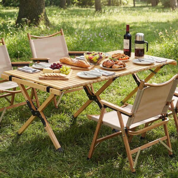 Costway Tavolo da picnic pieghevole e portatile a 4-6 posti, Tavolo da campeggio in legno massello con piano arrotolabile Naturale