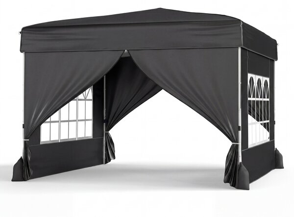 Costway 3x3m Gazebo da esterno in tessuto oxford con parete rimovibili finestre trasparenti porta, Tendone da giardino pieghevole Nero