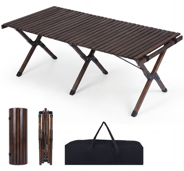 Costway Tavolo da picnic pieghevole e portatile a 4-6 posti, Tavolo da campeggio in legno massello con piano arrotolabile Marrone