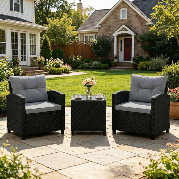 Costway Set salotto da giardino in rattan con 2 poltrone con cuscini sfoderabili, Set mobili da esterno con tavolino con piano in vetro temperato Grigio