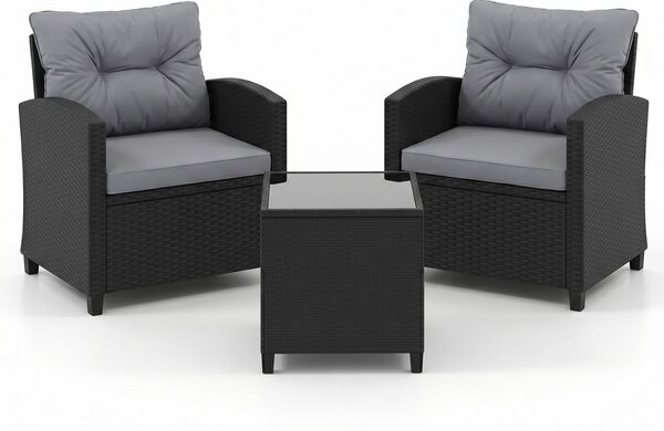 Costway Set salotto da giardino in rattan con 2 poltrone con cuscini sfoderabili, Set mobili da esterno con tavolino con piano in vetro temperato Grigio