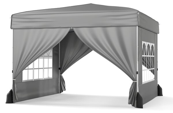 Costway 3x3m Gazebo da esterno in tessuto oxford con parete rimovibili finestre trasparenti porta, Tendone da giardino pieghevole Grigio