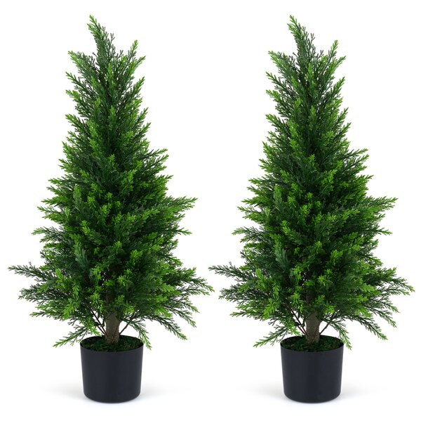 Costway Set di 2 alberi artificiali di cedro resistenti al sole pianta topiaria finta, Albero artificiale in vaso con cemento e fondo rinforzato 90cm