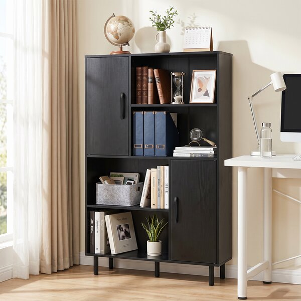Costway Credenza mobile da cucina con 2 ante 4 ripiani aperti e 5 gambe in metallo, Libreria verticale in legno Nero
