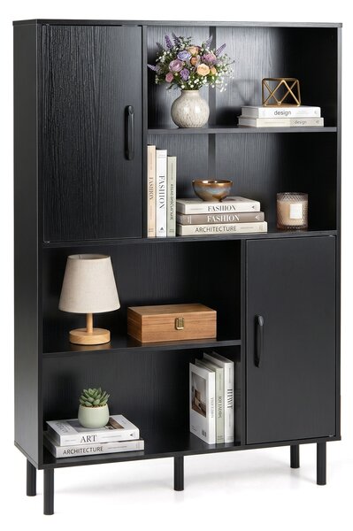 Costway Credenza mobile da cucina con 2 ante 4 ripiani aperti e 5 gambe in metallo, Libreria verticale in legno Nero