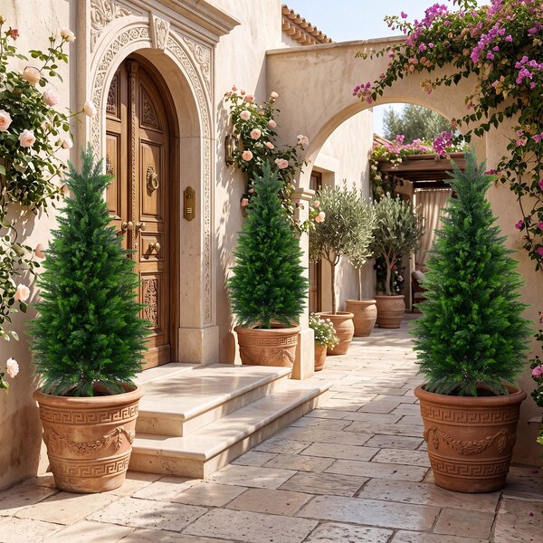 Costway Set di 2 alberi artificiali di cedro con cemento e fondo rinforzato, Albero artificiale in vaso resistenti al sole pianta topiaria finta 120cm