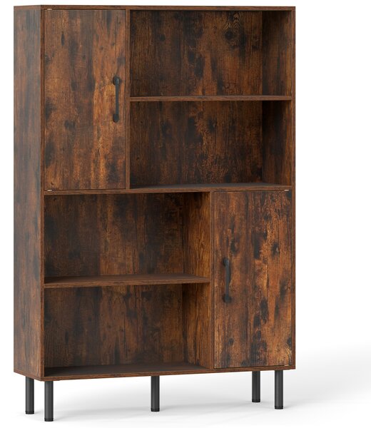 Costway Credenza mobile da cucina con 2 ante 4 ripiani aperti e 5 gambe in metallo, Libreria verticale in legno Marrone