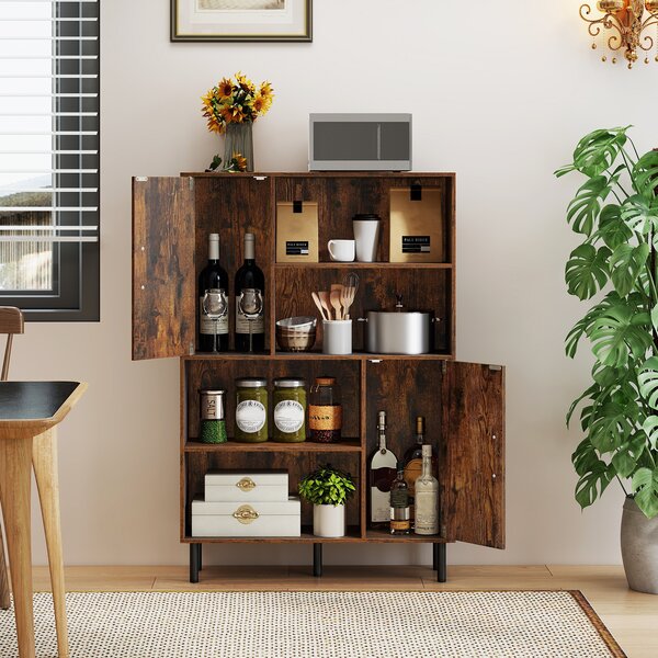 Costway Credenza mobile da cucina con 2 ante 4 ripiani aperti e 5 gambe in metallo, Libreria verticale in legno Marrone