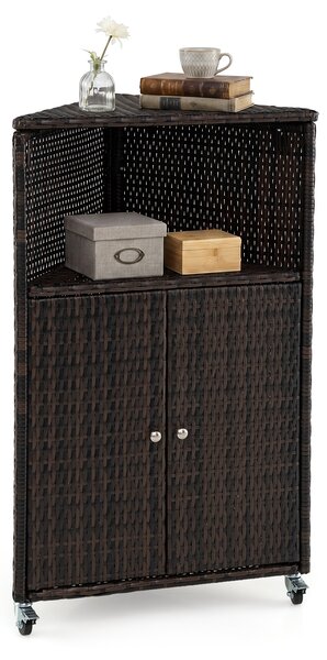 Costway Armadietto da esterno angolare con ruote bloccabili 2 ripiani aperti e 2 ante, Armadio da esterno in rattan PE