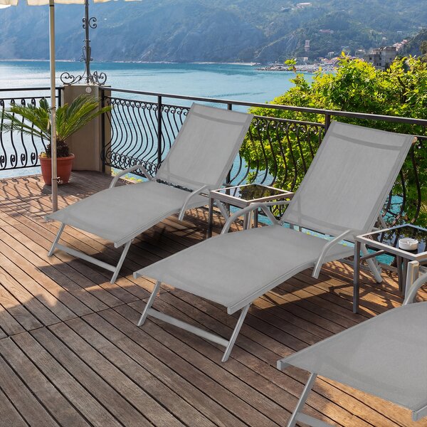 Costway Set di 2 chaise longue da esterno con sedile traspirante, Sedie a sdraio reclinabili in 5 posizioni Grigio