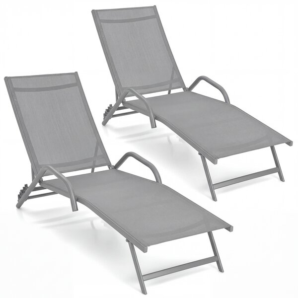 Costway Set di 2 chaise longue da esterno con sedile traspirante, Sedie a sdraio reclinabili in 5 posizioni Grigio