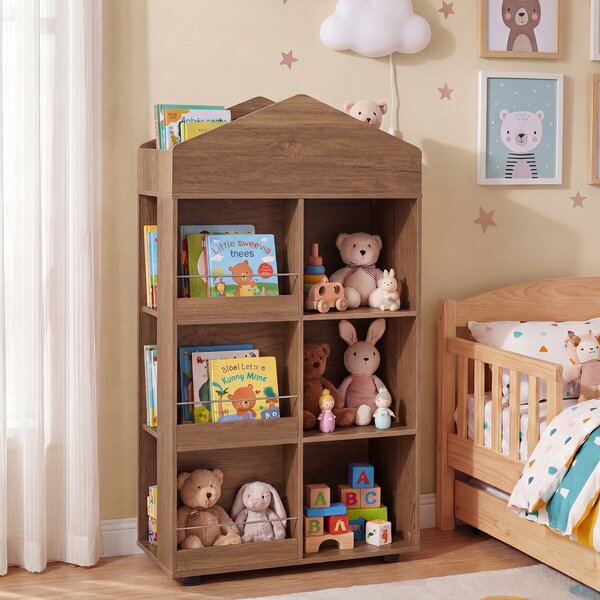 Costway Libreria per bambini a 4 livelli con vano superiore 3 grandi scomparti 3 ripiani per libri e 3 scomparti laterali, Scaffale portaoggetti Naturale