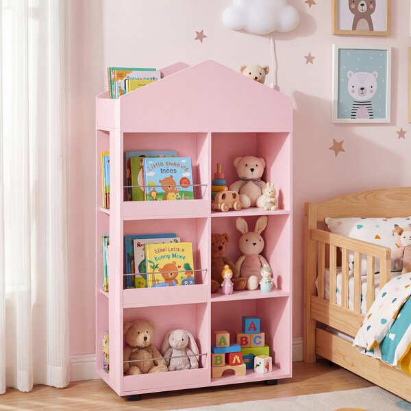 Costway Libreria per bambini a 4 livelli con vano superiore 3 grandi scomparti 3 ripiani per libri e 3 scomparti laterali, Scaffale portaoggetti Rosa