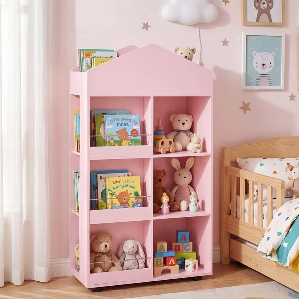 Costway Libreria per bambini a 4 livelli con vano superiore 3 grandi scomparti 3 ripiani per libri e 3 scomparti laterali, Scaffale portaoggetti Rosa