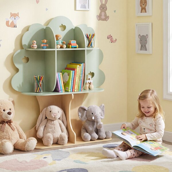 Costway Libreria per bambini a forma di albero con 8 scomparti aperti e 2 kit antiribaltamento, Scaffale per giocattoli contenitore salvaspazio