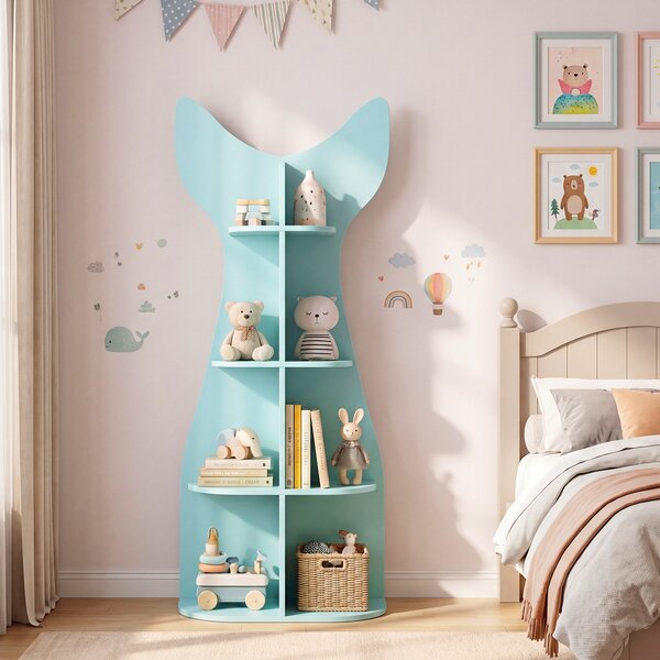Costway Libreria montessori per bambini in legno, Scaffale portagiochi con 8 scomparti forma di corda di pesca Azzurro