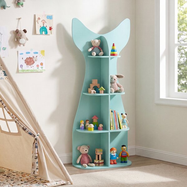 Costway Libreria montessori per bambini in legno, Scaffale portagiochi con 8 scomparti forma di corda di pesca Azzurro