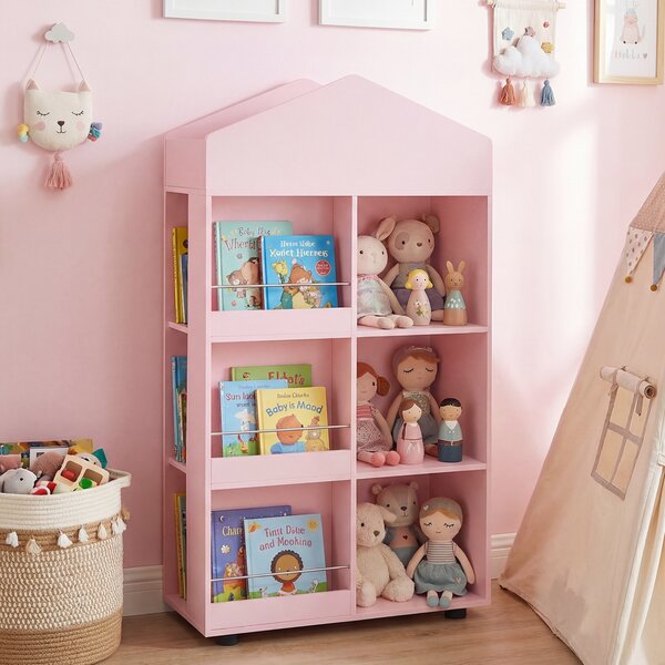 Costway Libreria per bambini a 4 livelli con vano superiore 3 grandi scomparti 3 ripiani per libri e 3 scomparti laterali, Scaffale portaoggetti Rosa