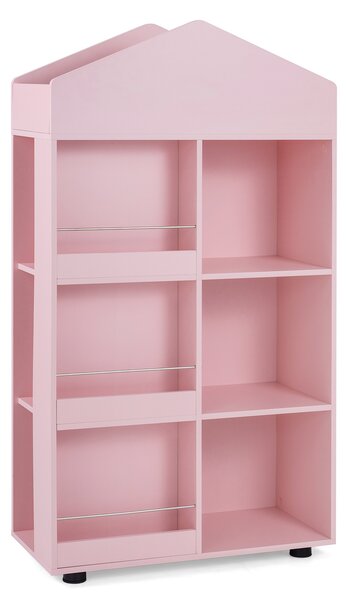 Costway Libreria per bambini a 4 livelli con vano superiore 3 grandi scomparti 3 ripiani per libri e 3 scomparti laterali, Scaffale portaoggetti Rosa