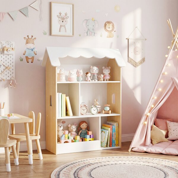 Costway Libreria per bambini a forma di casetta con 5 scomparti tetto e finestre, Scaffale per giocattoli in legno