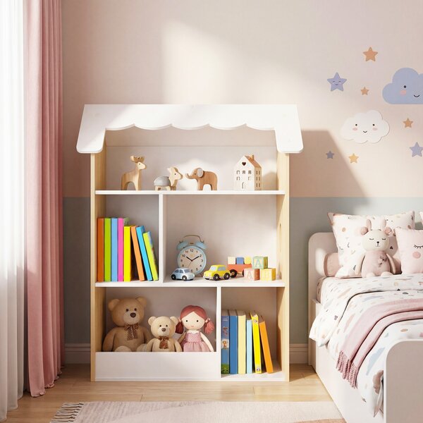 Costway Libreria per bambini a forma di casetta con 5 scomparti tetto e finestre, Scaffale per giocattoli in legno