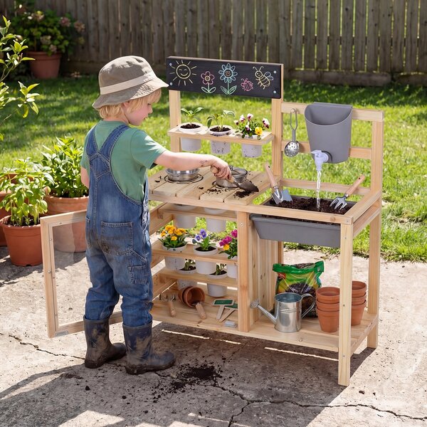 Costway Cucina per bambini in legno con serbatoio lavello 12 vasi di fiori rimovibili, Cucina di fango da esterno per bambini 3+ anni