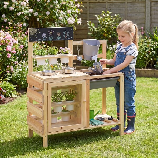 Costway Cucina per bambini in legno con serbatoio lavello 12 vasi di fiori rimovibili, Cucina di fango da esterno per bambini 3+ anni