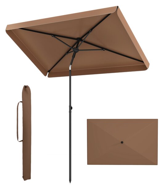 Costway Ombrellone da giardino con tetto inclinabile struttura in metallo e borsa portatile, Ombrellone rettangolare Marrone