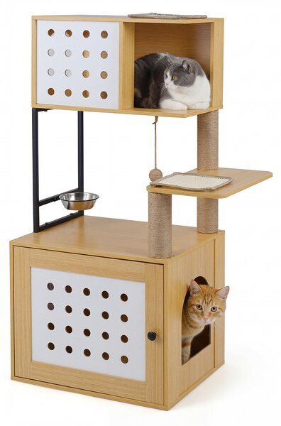 Costway Hsmobile lettiera gatti multilivello con ciotola cuccia piattaforme di attività tiragraffi e giocattoli, Armadietto per toilette nascosta in legno Naturale