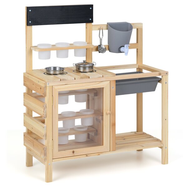 Costway Cucina per bambini in legno con serbatoio lavello 12 vasi di fiori rimovibili, Cucina di fango da esterno per bambini 3+ anni