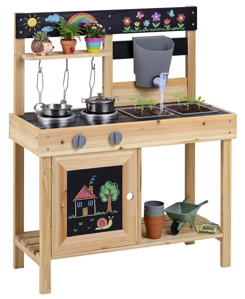 Costway Cucina giocattolo da esterno per bambini in legno massello, Cucinetta per giocare sabbia con lavagne lavandini serbatoio d'acqua utensili