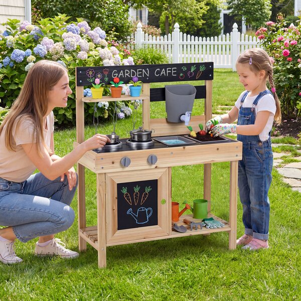 Costway Cucina giocattolo da esterno per bambini in legno massello, Cucinetta per giocare sabbia con lavagne lavandini serbatoio d'acqua utensili