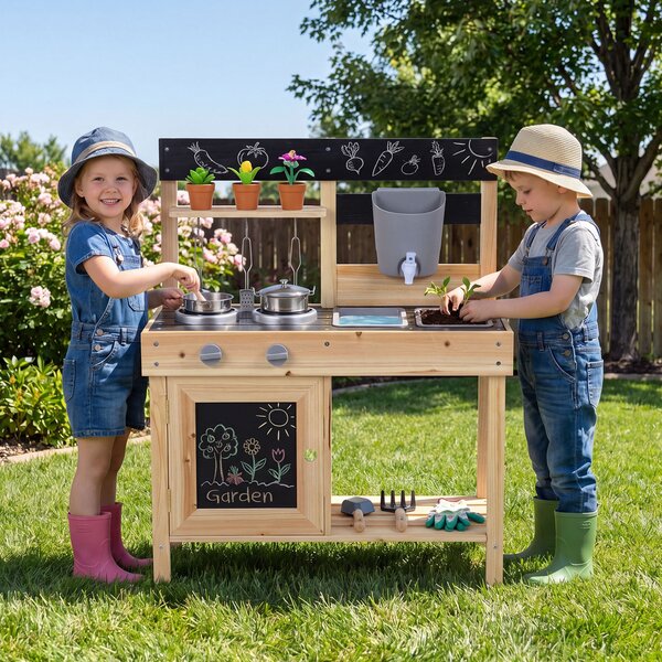 Costway Cucina giocattolo da esterno per bambini in legno massello, Cucinetta per giocare sabbia con lavagne lavandini serbatoio d'acqua utensili