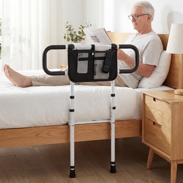 Costway Sponda letto pieghevole per anziani e supporto per wc con braccioli imbottiti, Sponda di sicurezza e corrimano di sicurezza per wc