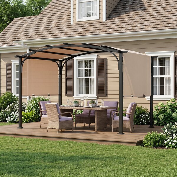 Costway Gazebo da giardino con tetto arcuato tettuccio scorrevole struttura metallica e 8 picchetti, Gazebo da esterno Beige