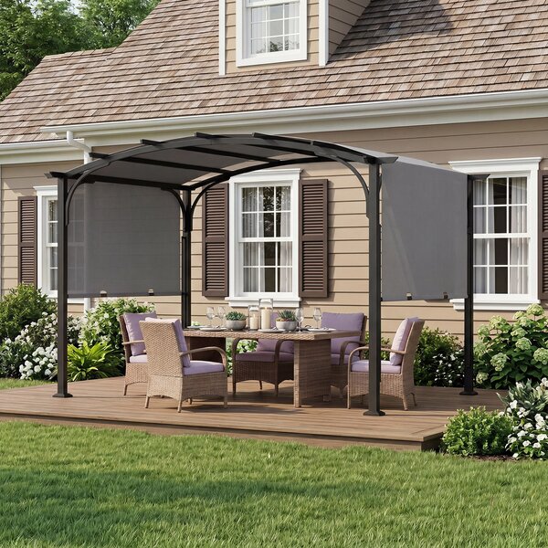 Costway Gazebo da giardino con tetto arcuato tettuccio scorrevole struttura metallica e 8 picchetti, Gazebo da esterno Grigio