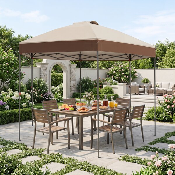 Costway Gazebo pieghevole da giardino con altezza regolabile picchetti e corde, 360 x 360 cm Gazebo pop-up Marrone
