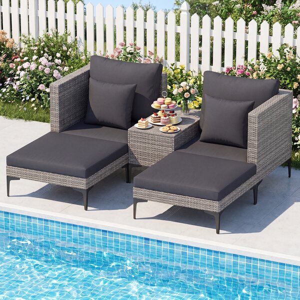 Costway Salotto da giardino esterno 5 pezzi con 2 poltrone 2 poggiapiedi e 1 tavolino, Set di mobili da giardino in rattan Grigio