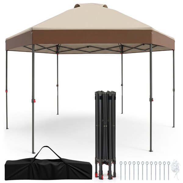 Costway Gazebo pieghevole da giardino con altezza regolabile picchetti e corde, 360 x 360 cm Gazebo pop-up Marrone