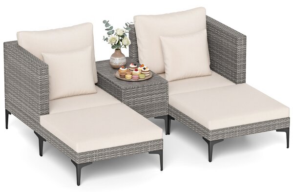 Costway Salotto da giardino esterno 5 pezzi con 2 poltrone 2 poggiapiedi e 1 tavolino, Set di mobili da giardino in rattan Bianco